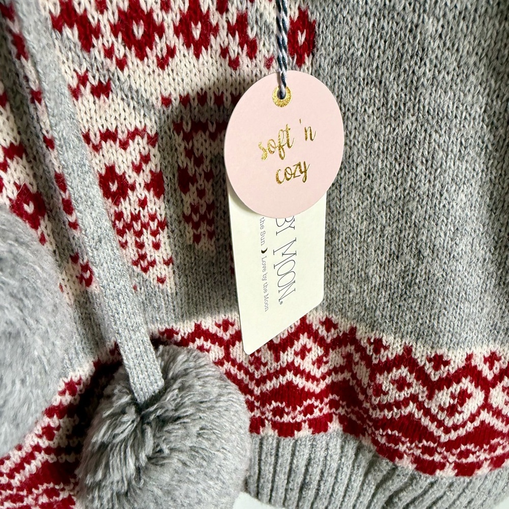 NEW With Tags Ruby Moon Gray and Red Nordic Fair Isle Pom Pom Sweater Sz Medium - Picture 2 of 8